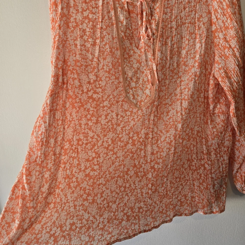 Lee Orange White Floral Lightweight Gauze Long Sleeve Tunic Top Plus Size 3X - Picture 10 of 15